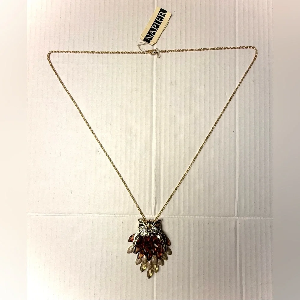 Vintage Napier‎ Necklace Gold Tone Articulated Owl New Amber Stones Large 32”